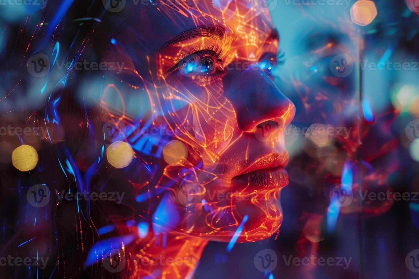 Vibrant light patterns reflect on a woman's face as she experiences an immersive art performance in an urban environment during the evening photo