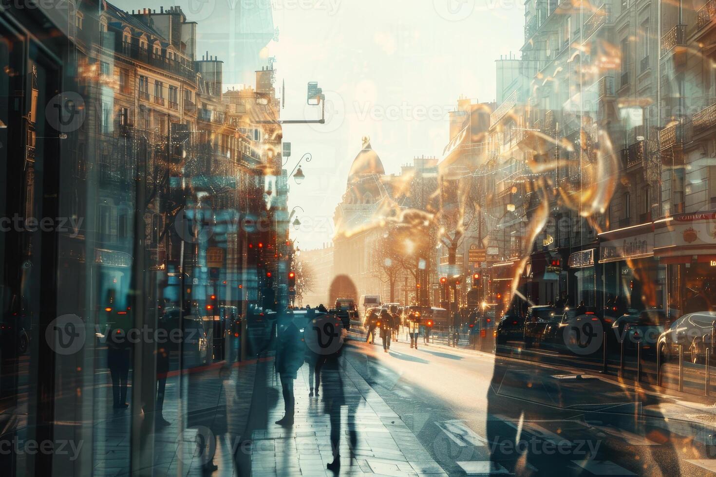 Pedestrians walk through a lively urban area, illuminated by the warm glow of the setting sun, creating a dynamic atmosphere filled with reflections photo