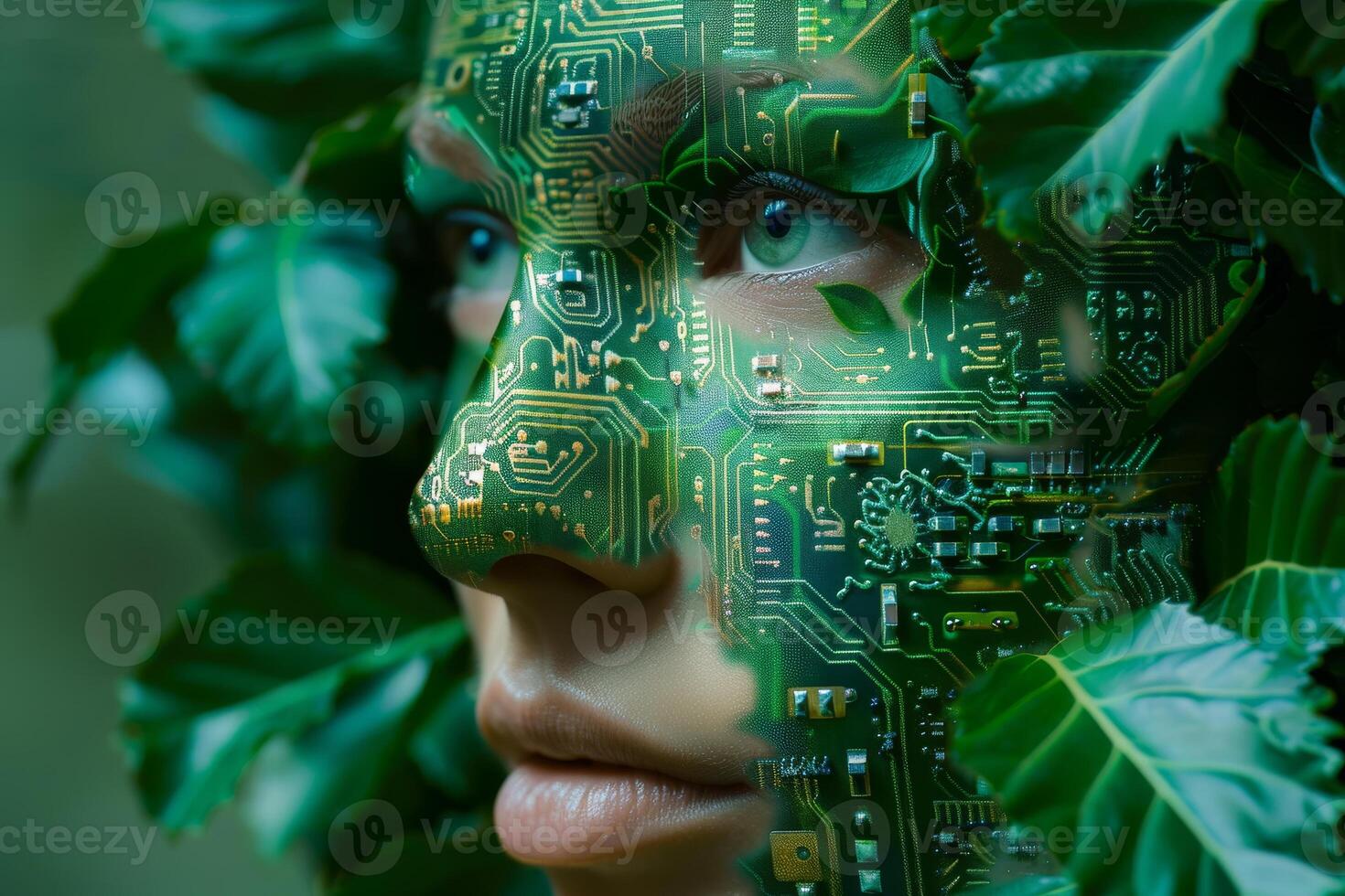 The face of a woman is intricately covered in green circuit patterns, blending seamlessly with surrounding green leaves, highlighting nature's integration with technology photo