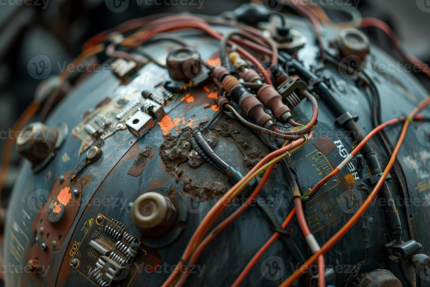 A close-up view reveals the intricate details of an aged electronic device, featuring rusted metal, exposed wires, and various components in a gritty industrial environment photo
