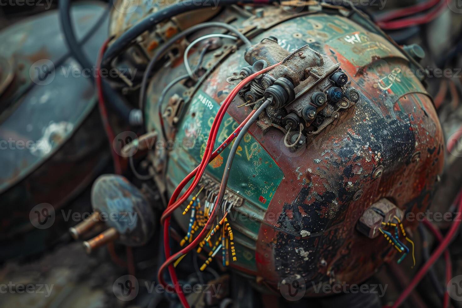 A close view reveals a weathered mechanical component with colorful wiring, showcasing signs of rust and wear found in a scrap yard under natural light photo