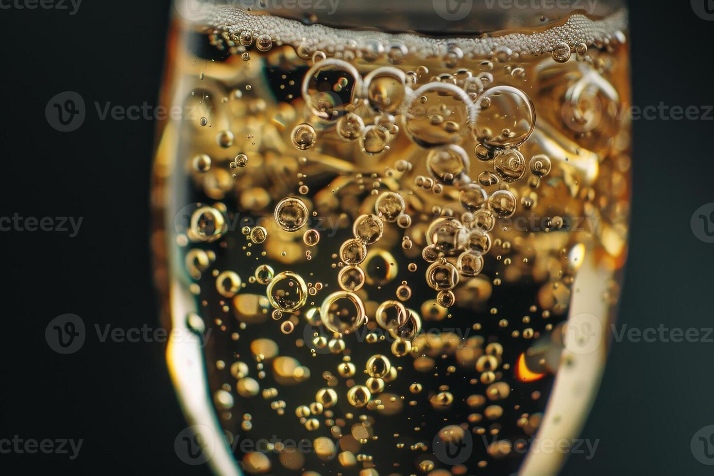 The glass of sparkling champagne showcases countless bubbles rising to the surface, creating an elegant and festive appearance against a dark backdrop photo