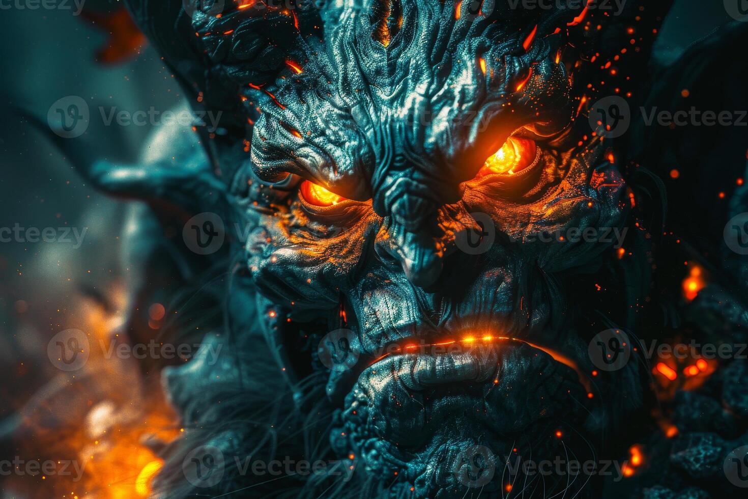 A powerful demon with textured skin and intense glowing eyes rises from the flames, surrounded by a mystical, dark forest illuminated with orange hues photo