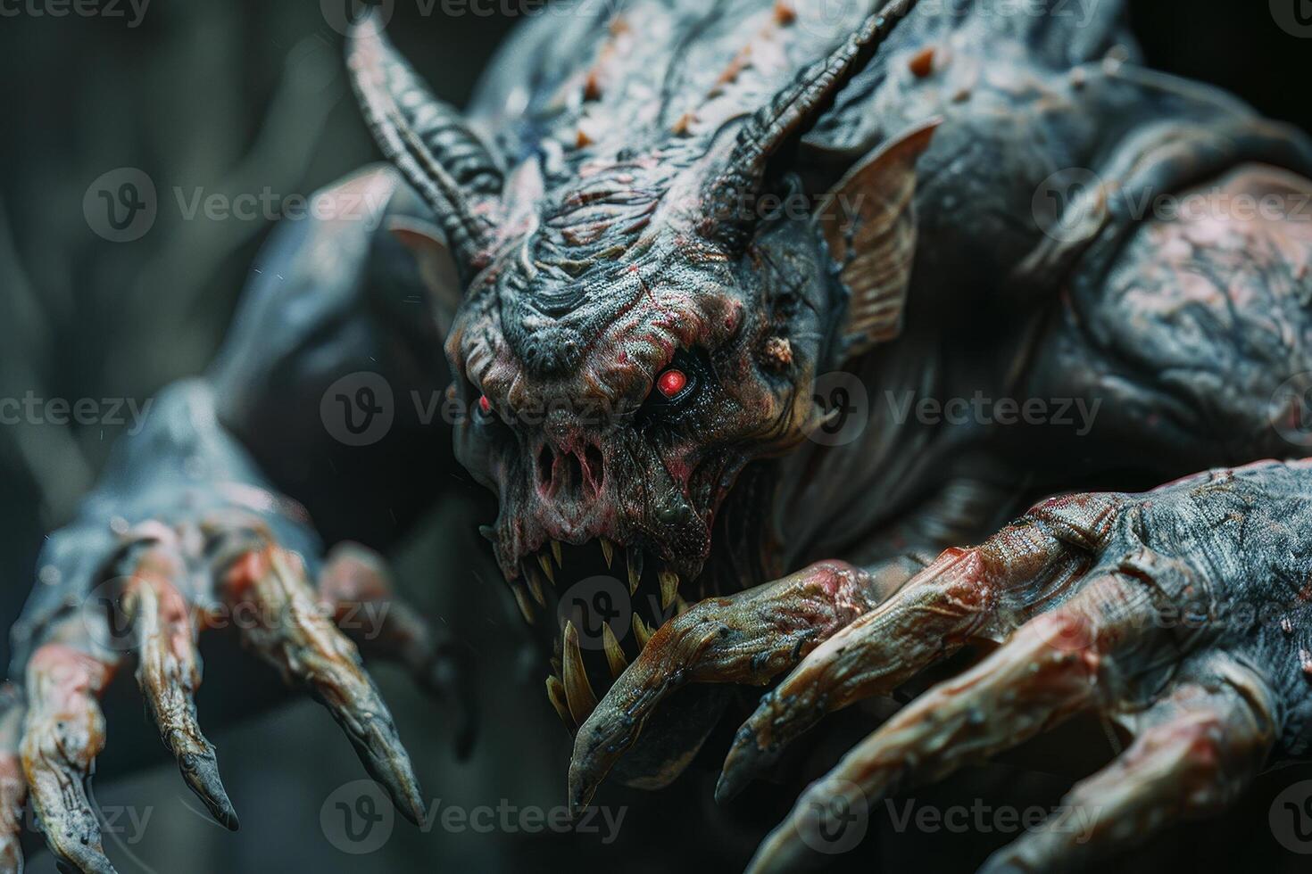 A terrifying creature with sharp claws and glowing red eyes stands menacingly among the shadows of a dimly lit forest. Its grotesque features create an unsettling atmosphere photo