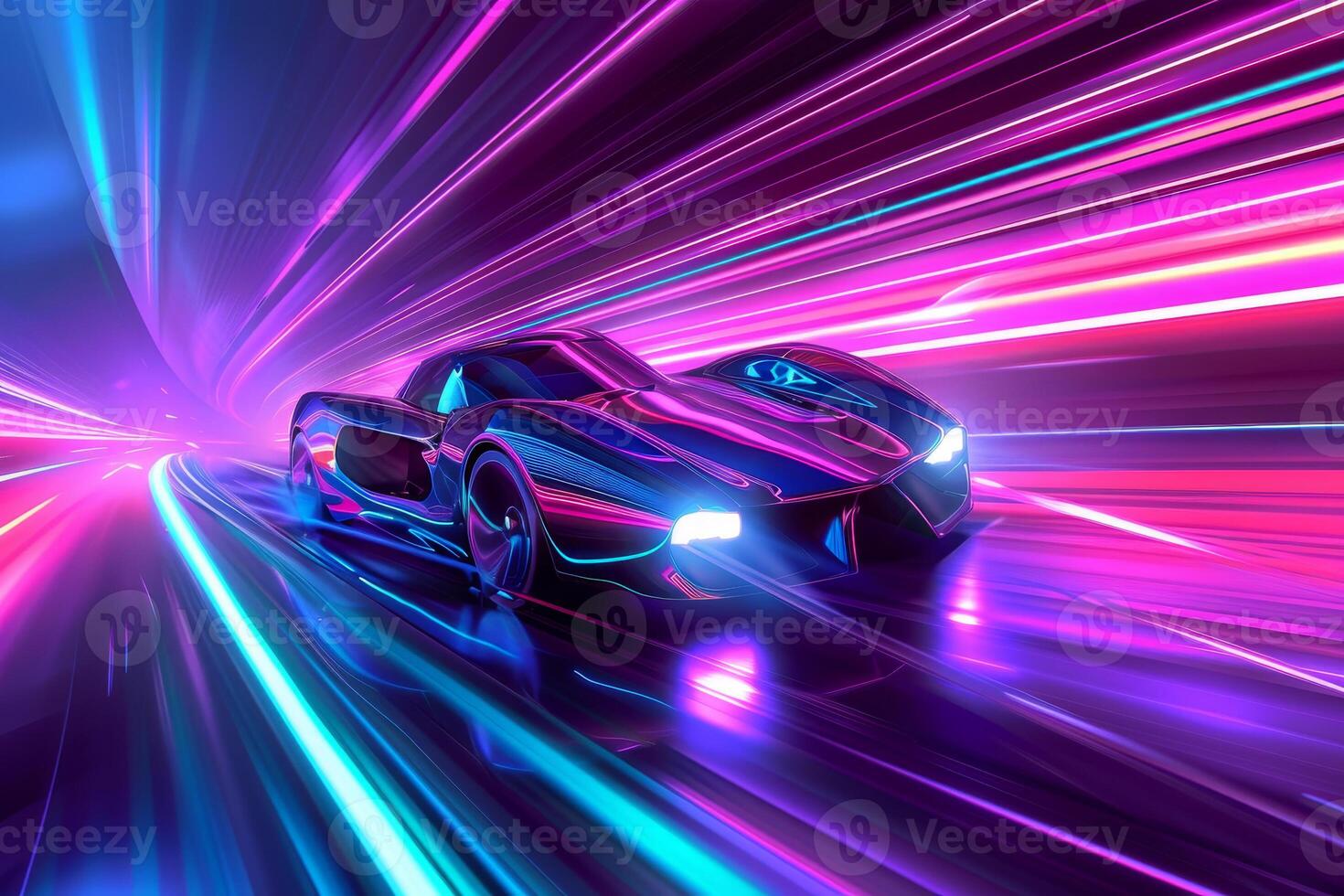 The scene captures a sleek, high-speed sports car racing through a brightly lit tunnel filled with vivid neon colors, emphasizing movement and energy photo