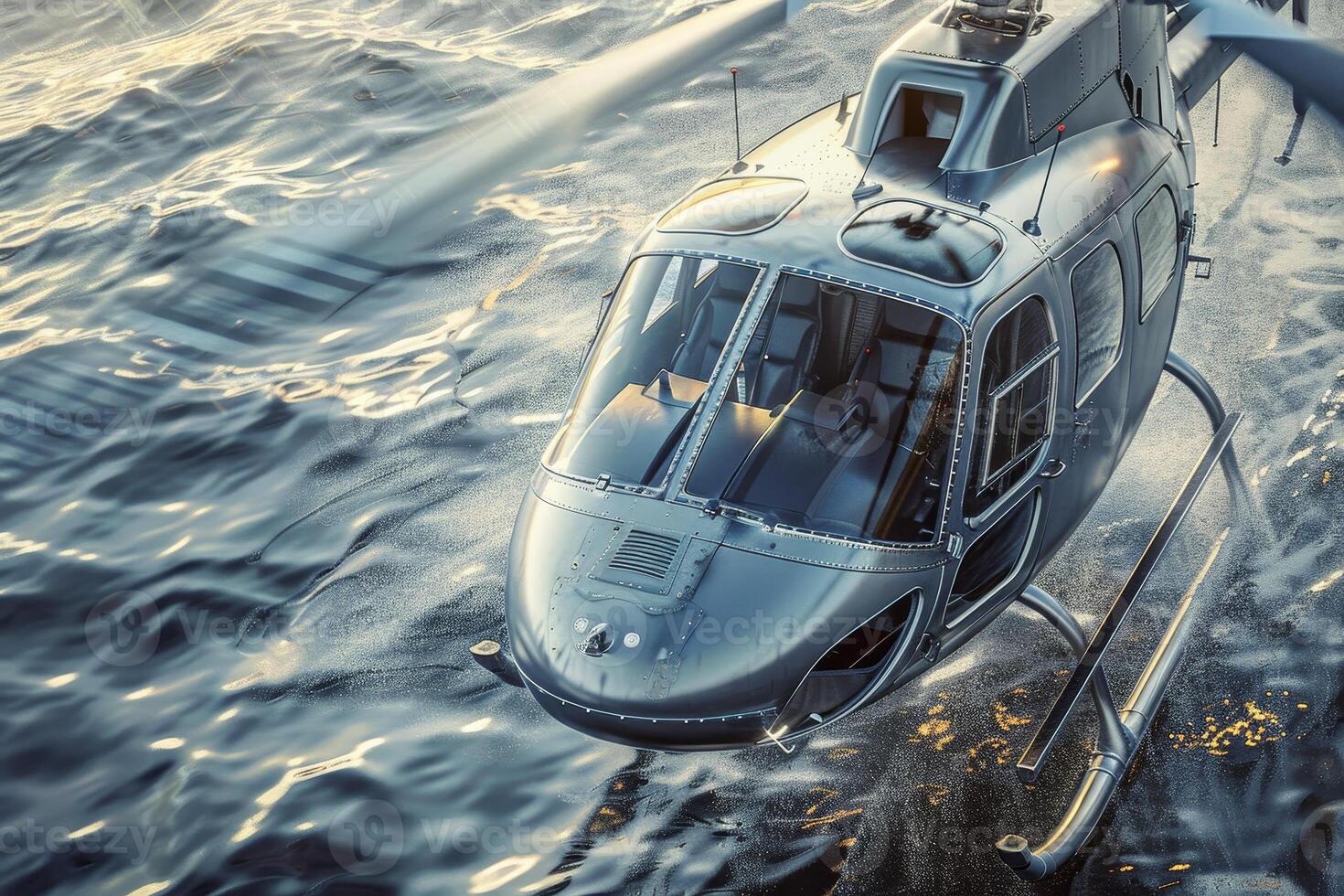 A helicopter glides smoothly over reflective water as the sun rises, highlighting its modern features and the tranquil surroundings that envelop it photo