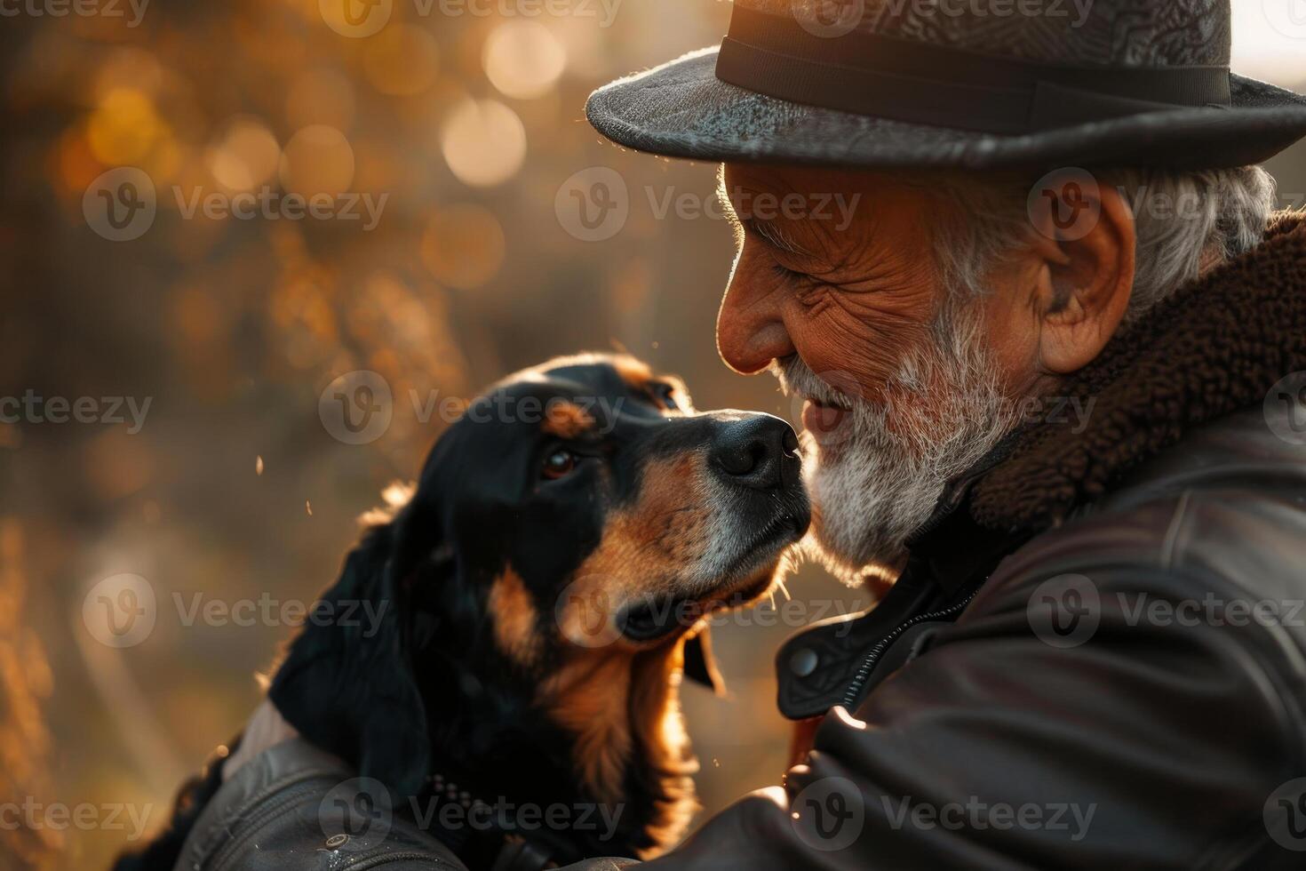 In a sun-dappled park during autumn, an elderly man smiles warmly at his dog, reflecting a deep bond filled with joy and companionship amidst the vibrant foliage photo
