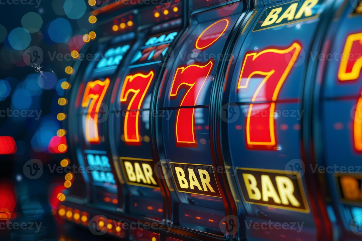 Brightly lit slot machines showcase vibrant graphics, including multiple sevens and bar symbols, in an energetic casino atmosphere during nighttime photo