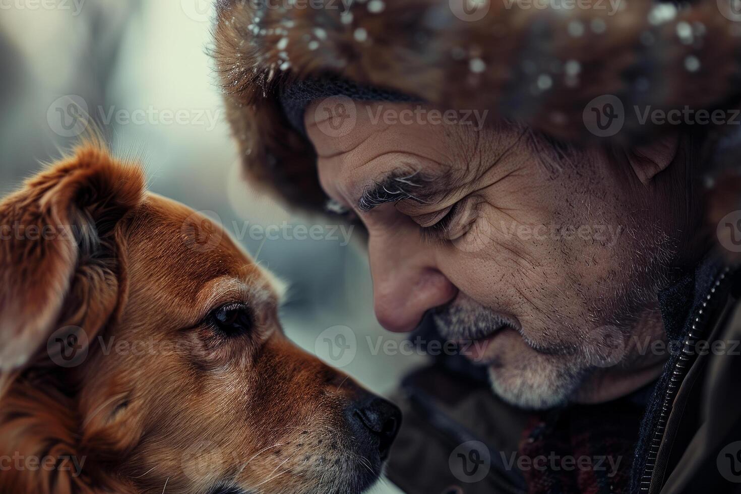 A man wearing a fur hat gazes affectionately at his dog in a snowy park, showcasing a strong bond amid a serene winter setting photo