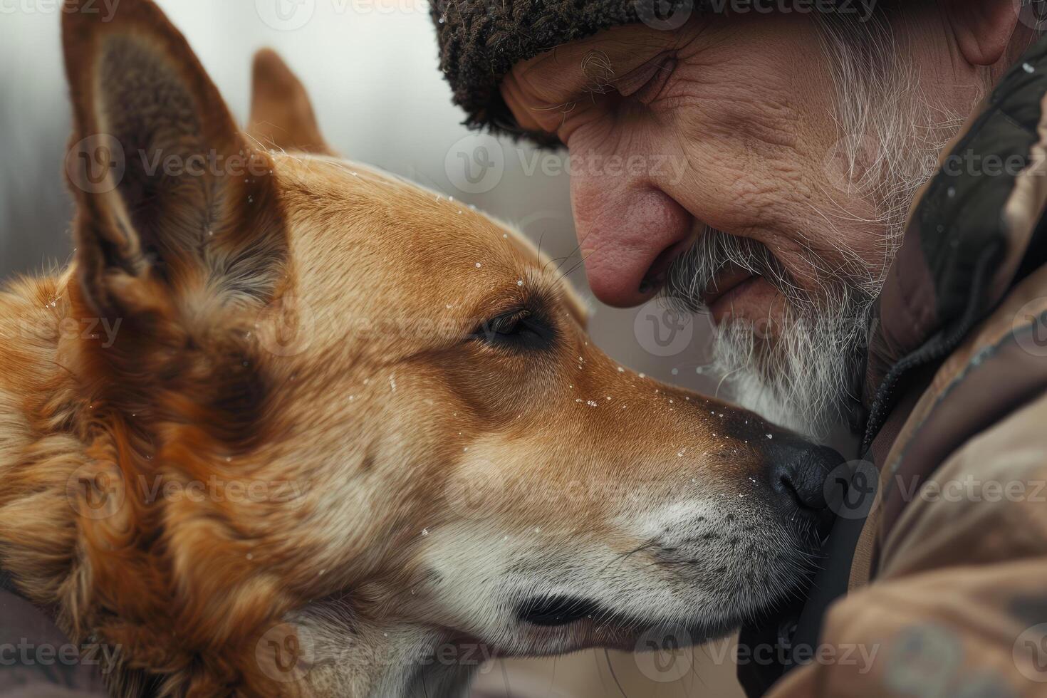 A man embraces his dog, sharing a heartfelt moment in a winter setting. Snowflakes gently fall, highlighting their loving bond and companionship in the chill of the season photo