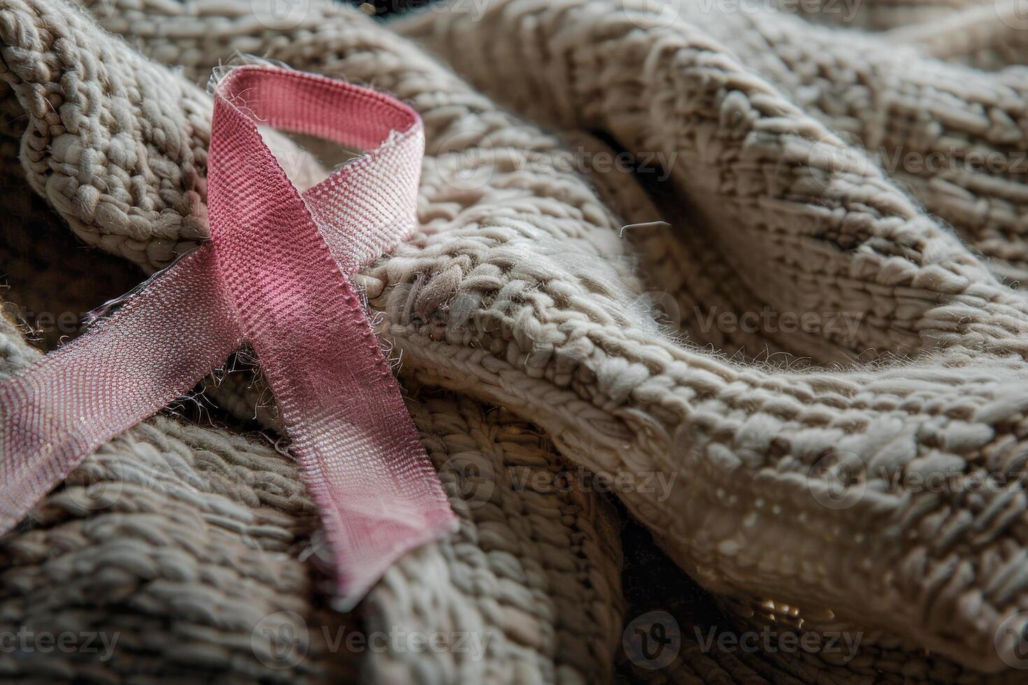 The soft texture of a knitted fabric is beautifully complemented by a pink ribbon positioned atop it, highlighting awareness efforts for cancer support and activism photo