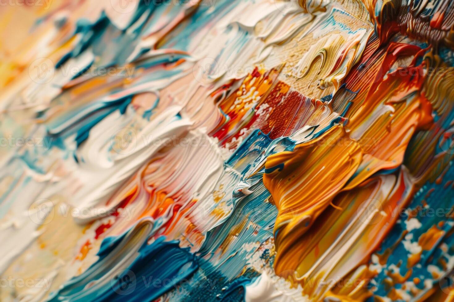 A richly textured abstract artwork displays bold colors and intricate brush strokes, inviting viewers to explore its vibrant patterns and layers of paint photo