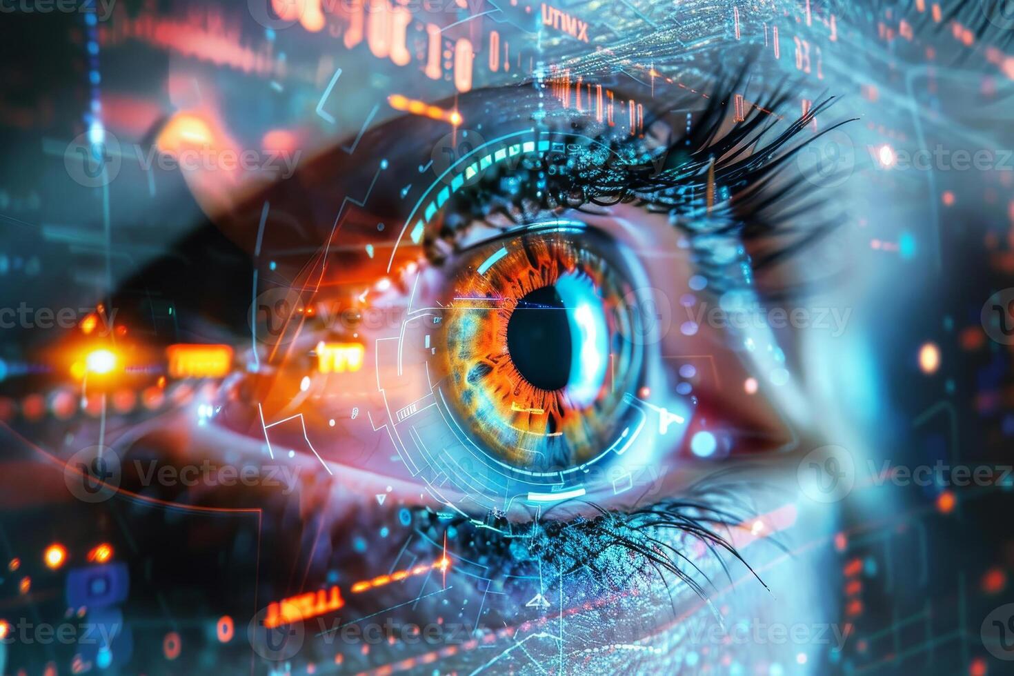 The image showcases a detailed close-up of a human eye illuminated by colorful digital data overlays. The vibrant patterns suggest a connection to technology and data photo