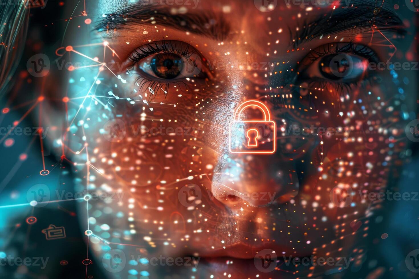 A young woman focuses on digital data streams filled with security icons, indicating a technological environment. The moment reflects themes of privacy and information security photo