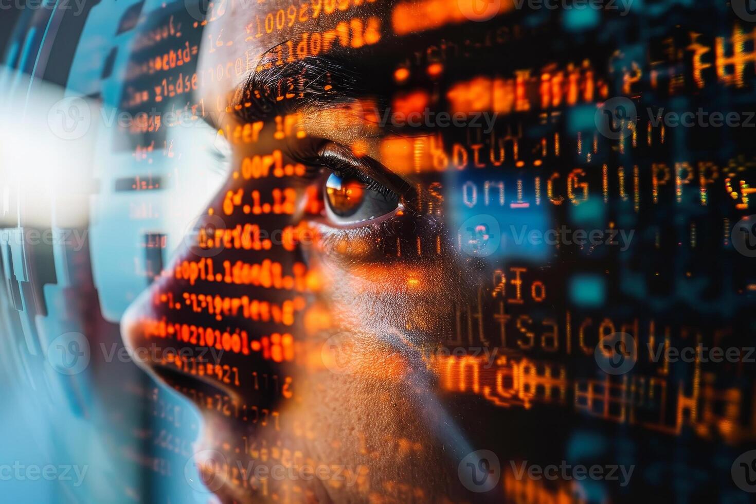 An individual is deeply engaged in analyzing vibrant digital code that reflects on their face, showcasing a tech-driven environment filled with information photo