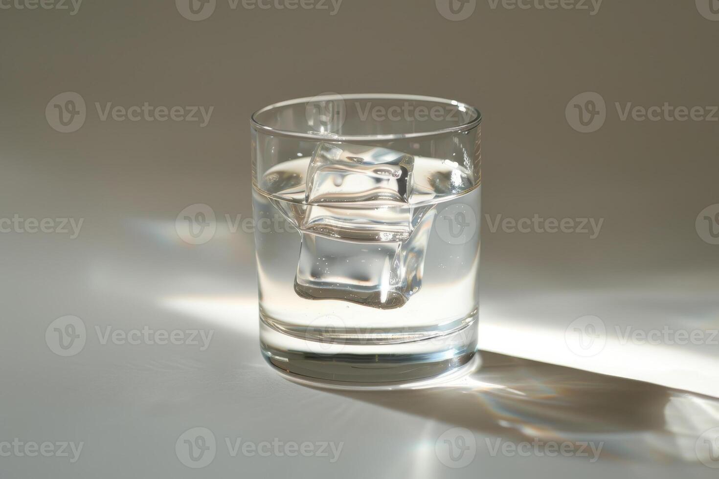 A clear glass holds refreshing water with several ice cubes, gently melting and creating a serene atmosphere in soft afternoon light photo