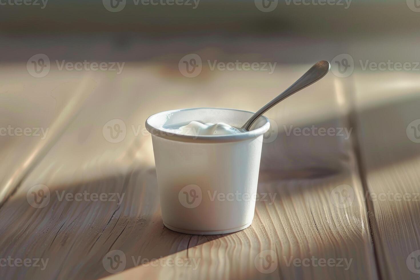 A small white cup filled with creamy yogurt sits on a wooden table, illuminated by gentle morning sunlight, creating a warm and inviting atmosphere photo
