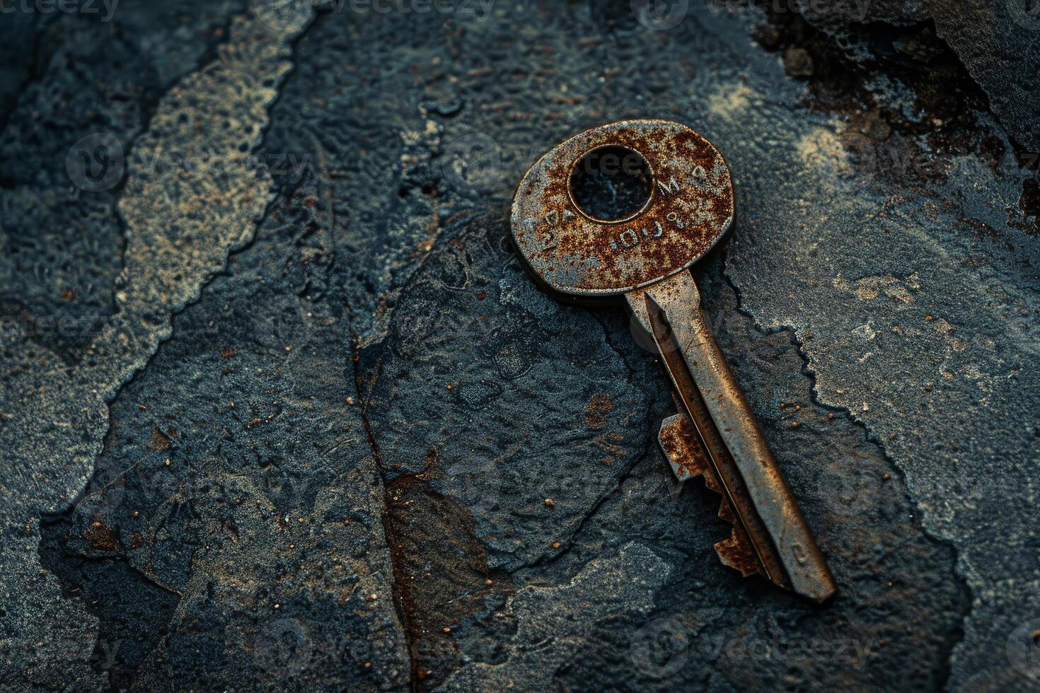 A weathered, rusty key rests on a rugged stone surface, showcasing intricate textures and colors illuminated softly by natural light, evoking a sense of nostalgia photo