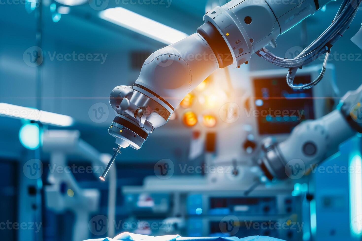 A robotic surgical arm is skillfully engaged in a delicate procedure, showcasing precision technology in a state-of-the-art operating room filled with medical instruments photo