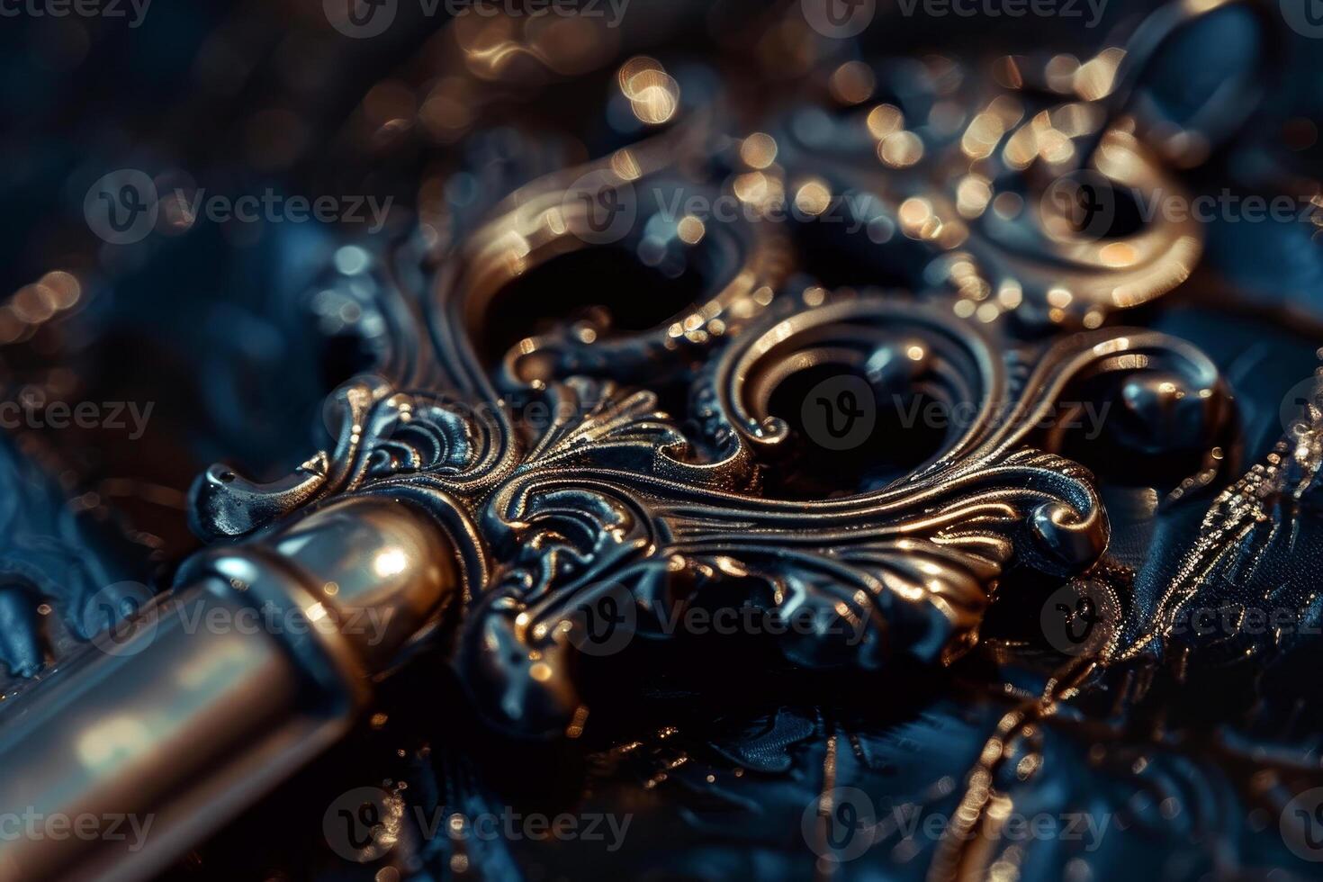 An ornate antique key lies on a richly textured dark surface, highlighting its exquisite craftsmanship and elegant design features, evoking a sense of history and mystery photo