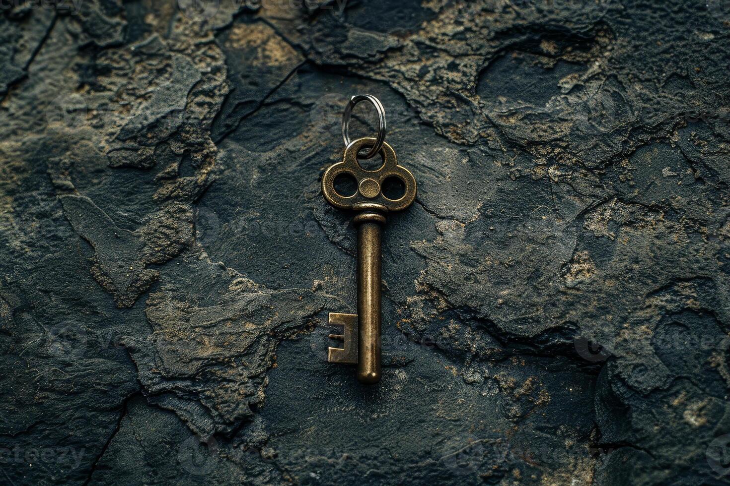 The old key, featuring a unique head design, lies atop a rough, dark textured surface that enhances its vintage appeal and history photo