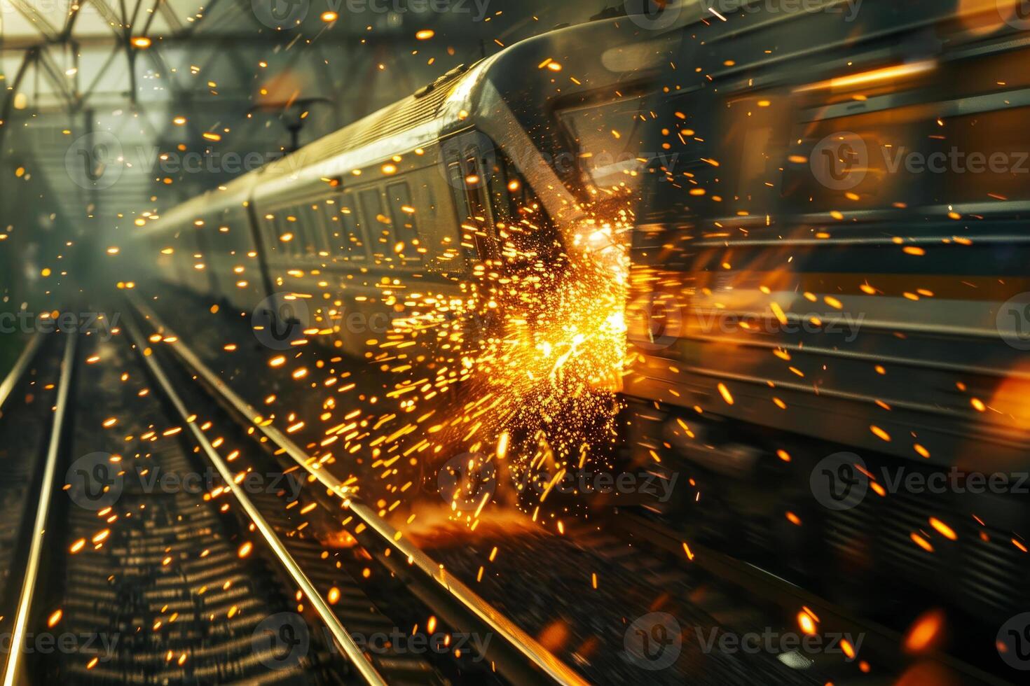 An intense moment unfolds as a train collides with another at a crowded railway station, sending showers of sparks into the air during evening rush hour photo
