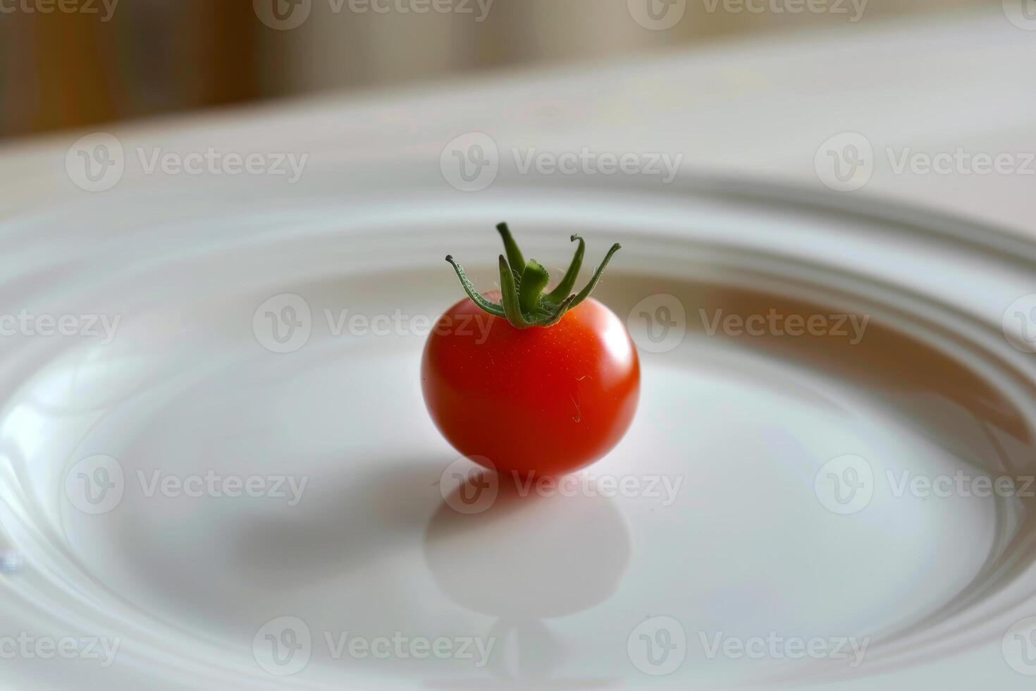 A bright red tomato sits alone on a clean white plate, reflecting light in a cozy kitchen setting, showcasing its natural shine and freshness photo