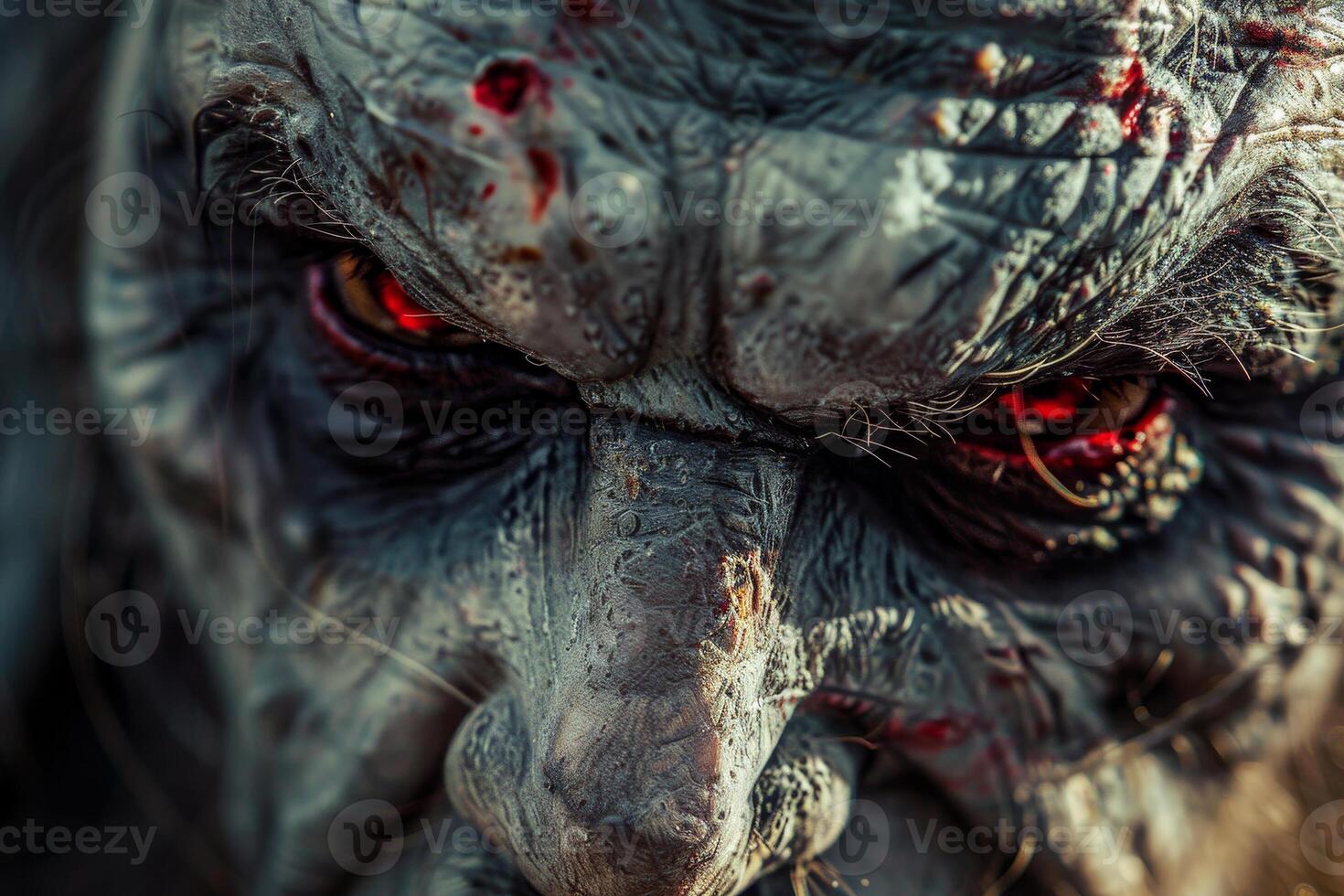 This striking close-up features a monster face with intense, glowing red eyes and detailed textures. The fierce expression reveals a blend of artistry and fear, highlighted during a creative event photo