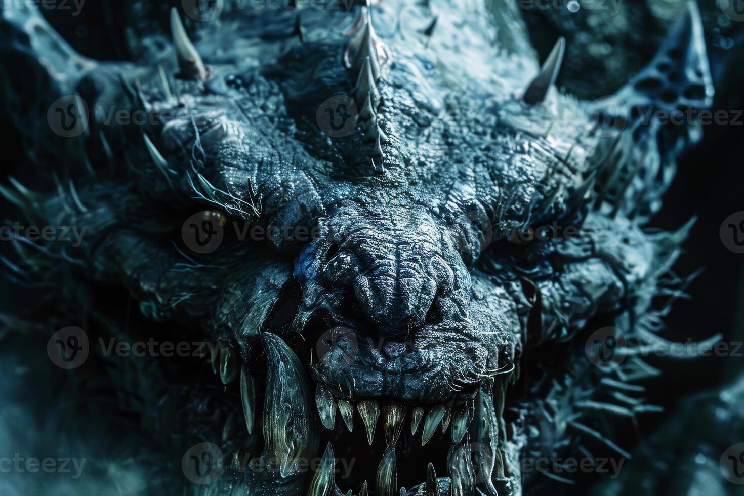A menacing dragon with rugged scales and sharp teeth stands in a dark forest, illuminated by moonlight, creating a mysterious and ominous atmosphere photo