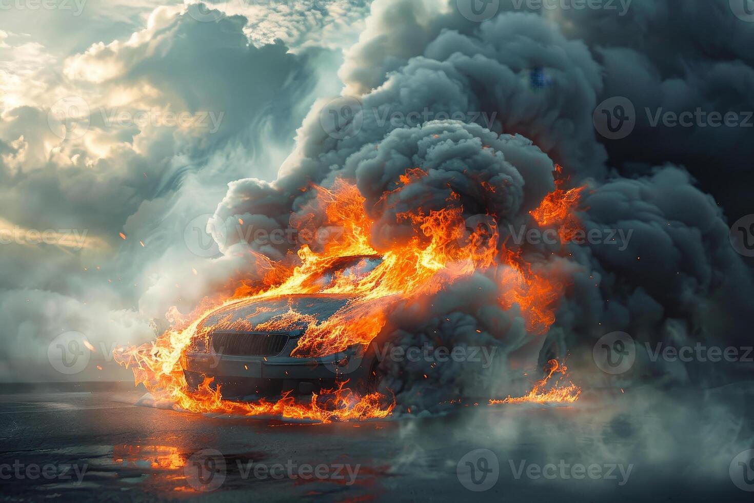 A car is completely engulfed in flames, surrounded by thick smoke rising into the bright sky, indicating a severe fire on a quiet road, likely during the day photo