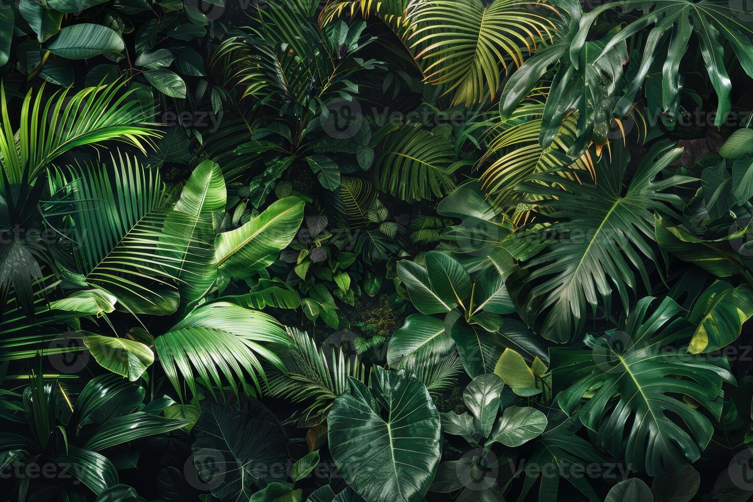 A rich tapestry of various green leaves fills the space, highlighting the beauty of tropical plants thriving in a vibrant, sunlit rainforest environment photo