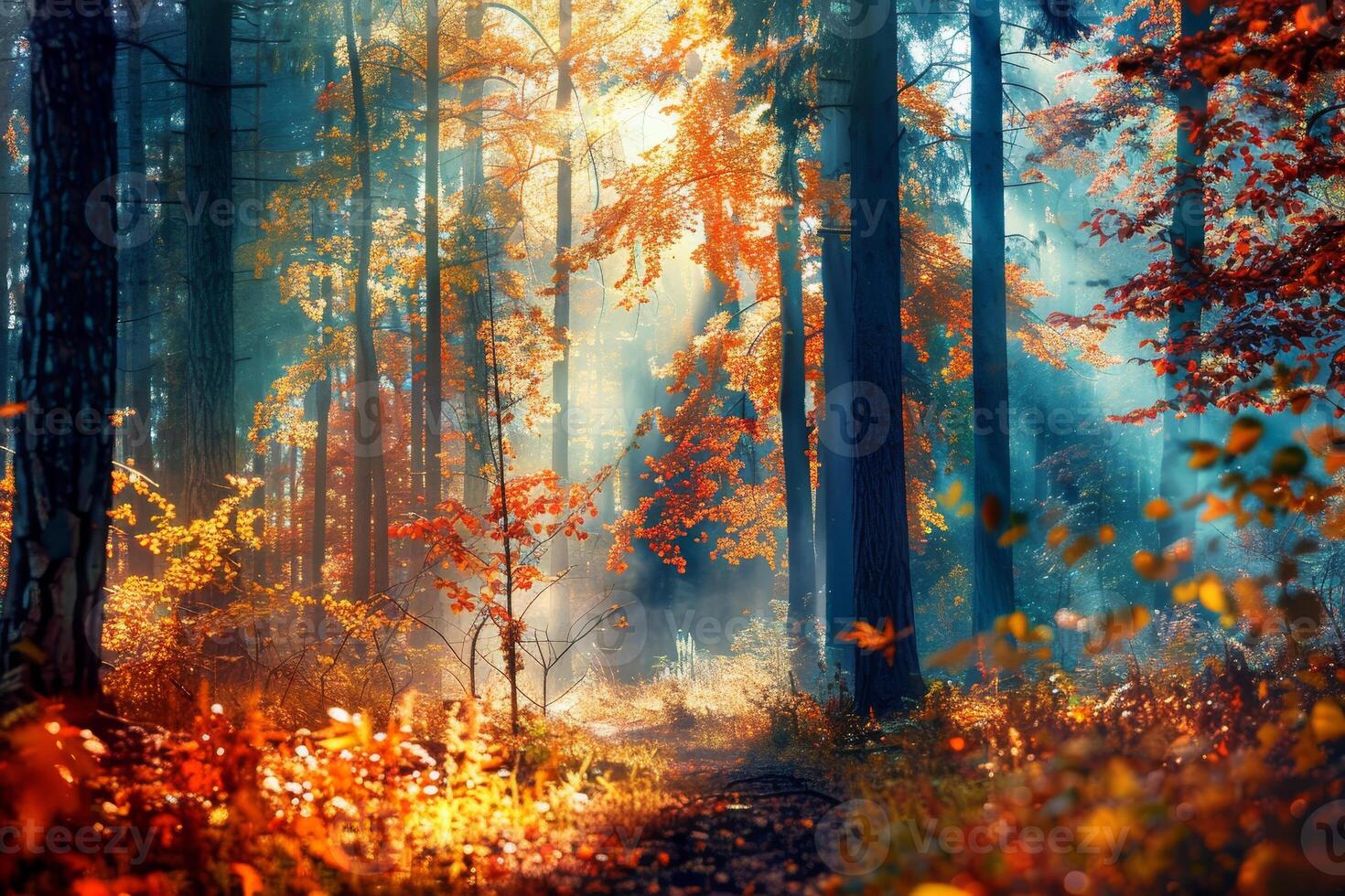Golden sunlight breaks through vibrant red and orange leaves, casting a warm glow on a peaceful forest path lined with tall trees during autumn photo