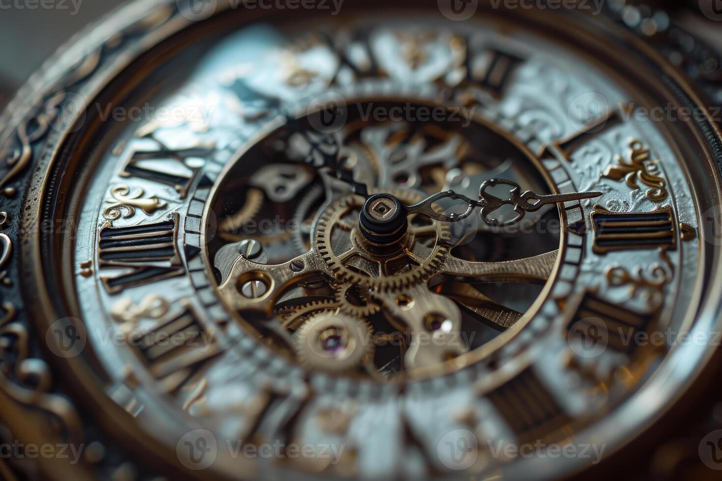 Close-up view of a vintage pocket watch with exquisite engravings, highlighting the intricate gears and Roman numerals, reflecting a rich history of craftsmanship photo