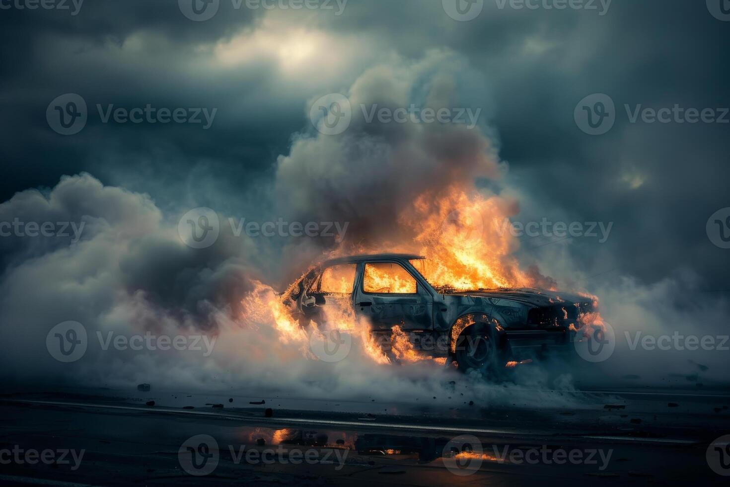 A car engulfed in flames emits thick smoke, set against a dark, stormy sky. The desolate surroundings enhance the dramatic atmosphere of this intense scene photo