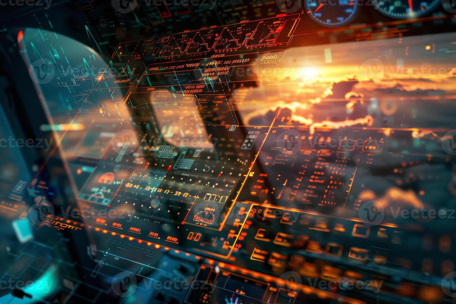 The cockpit of an airplane with a view of the sky photo