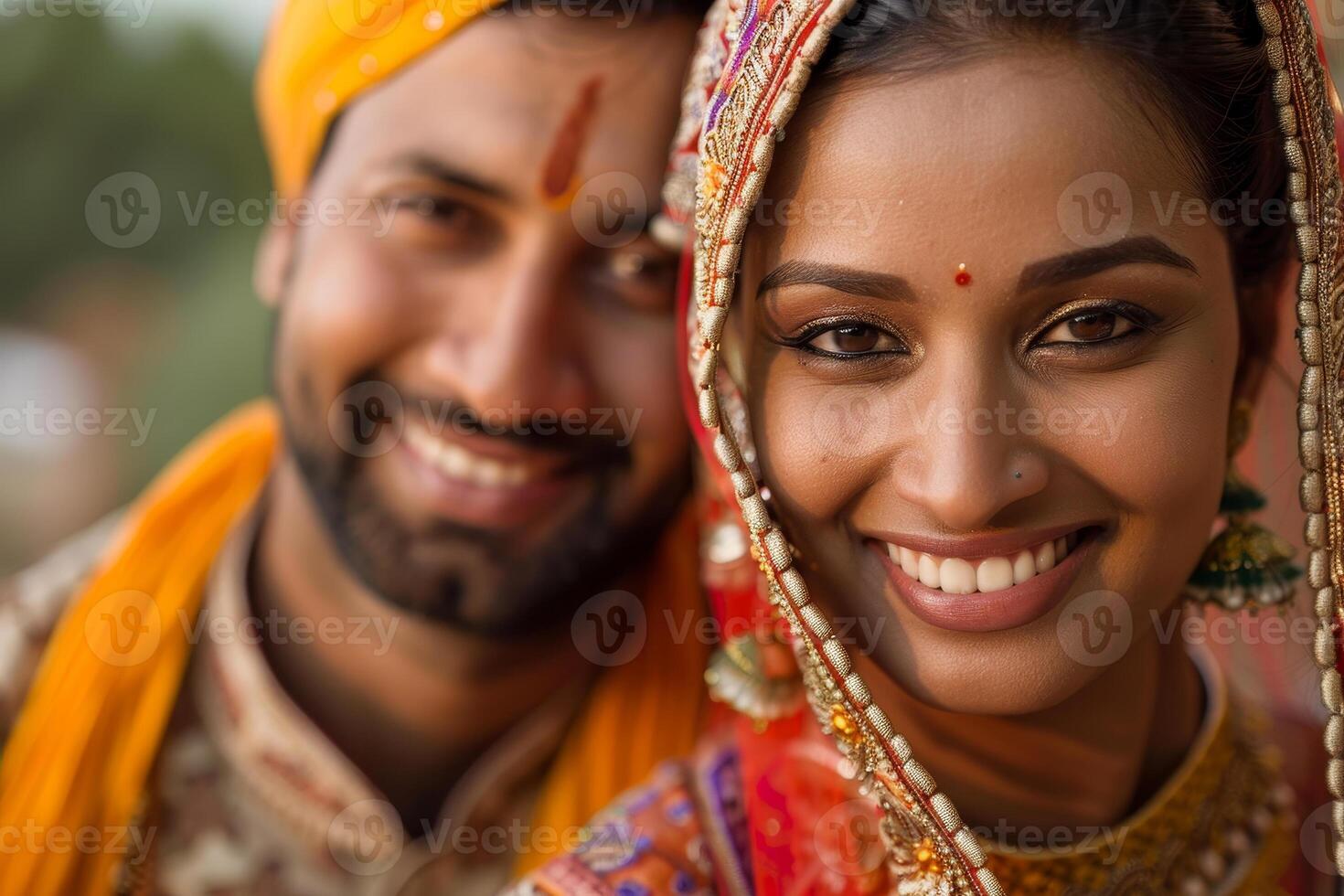 A smiling couple in traditional indian attire photo