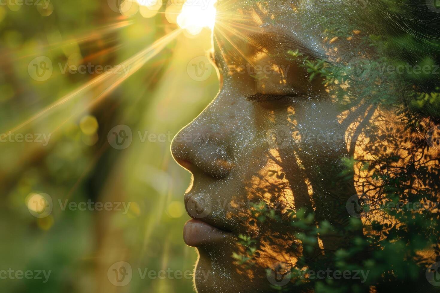 A woman's face is reflected in the sun through a tree photo