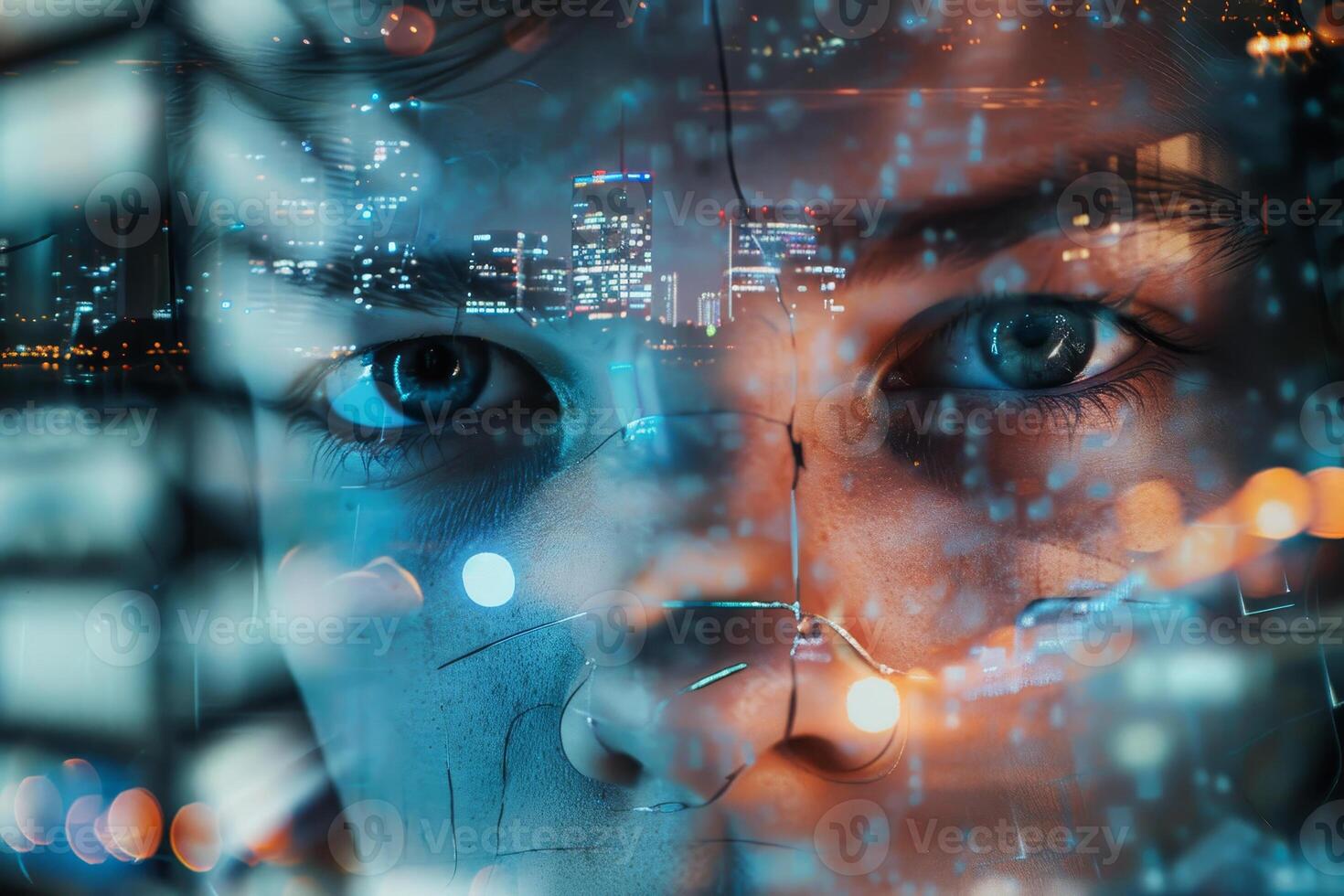 A man with blue eyes and a cityscape in the background photo