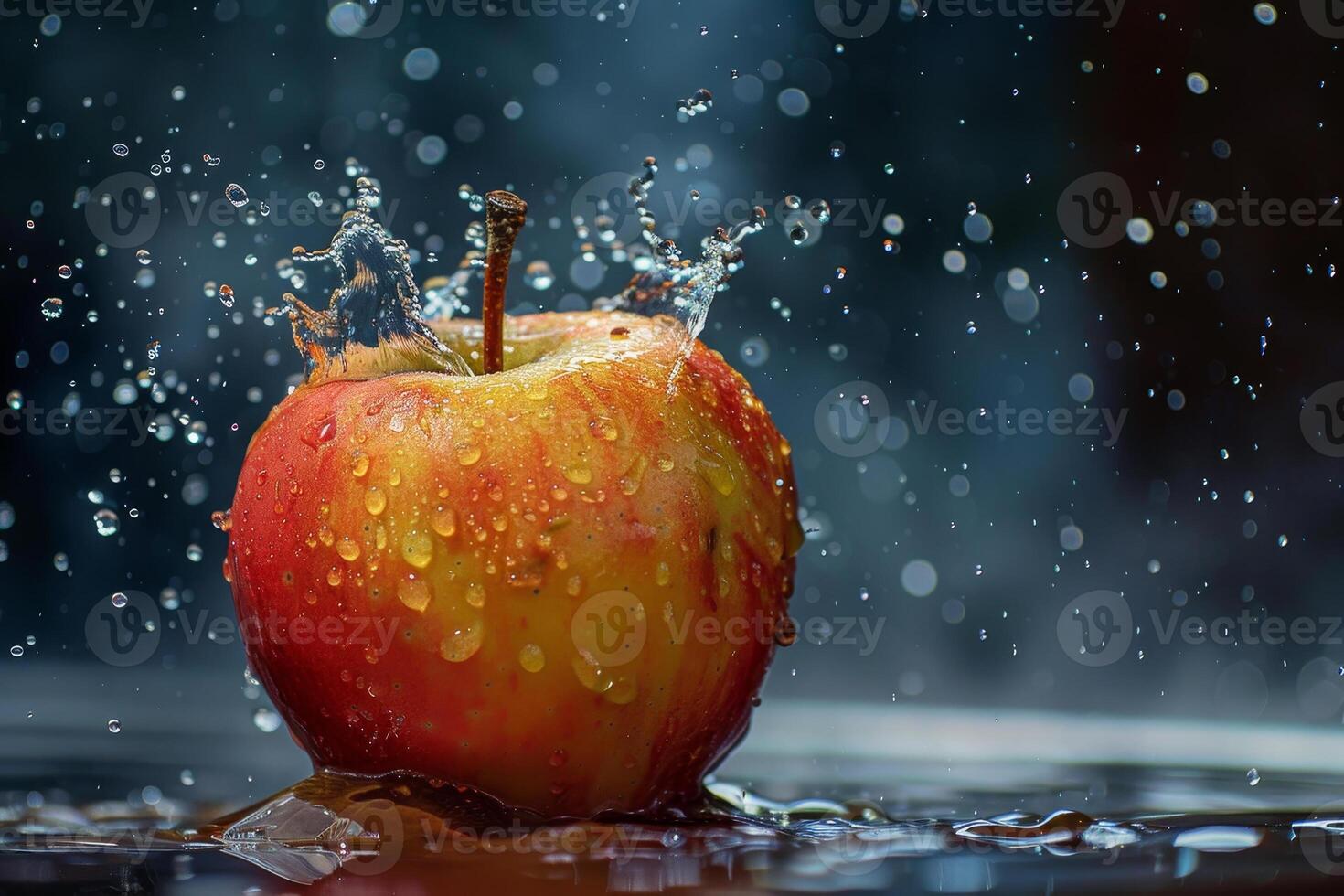 A red apple is being splashed with water photo