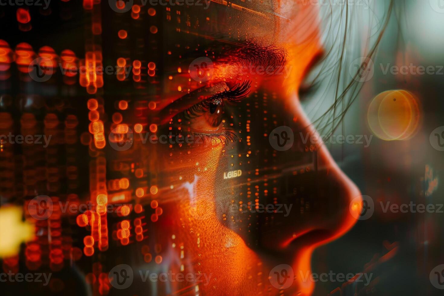 A woman's face is reflected in a computer screen photo