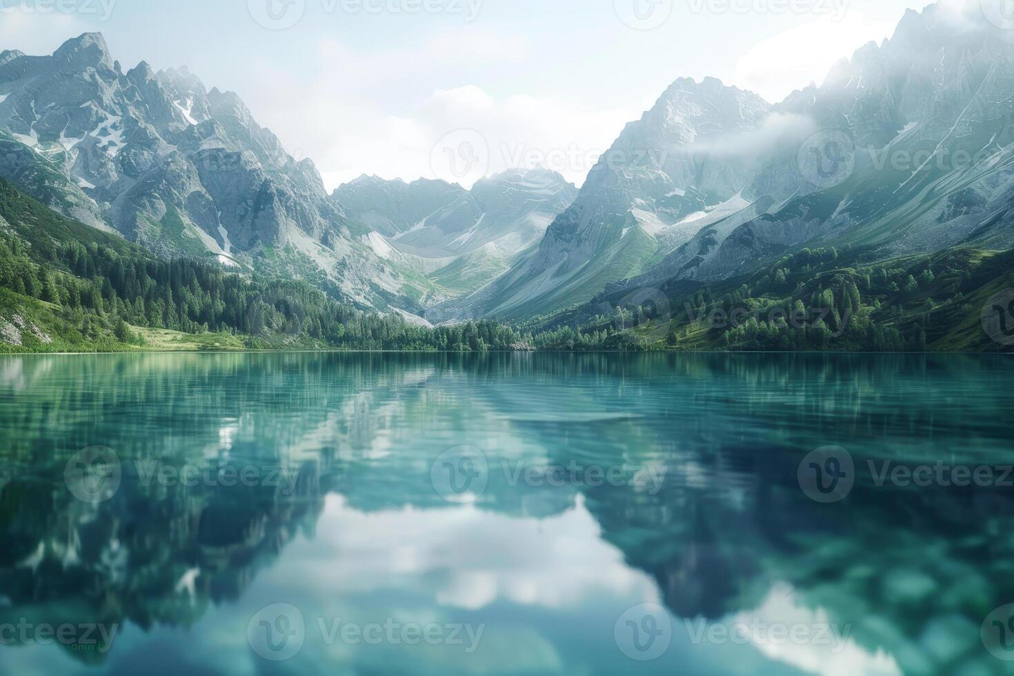 In the early morning light, a peaceful alpine lake mirrors towering mountains and lush green forests, shrouded in gentle mist and surrounded by nature's beauty photo