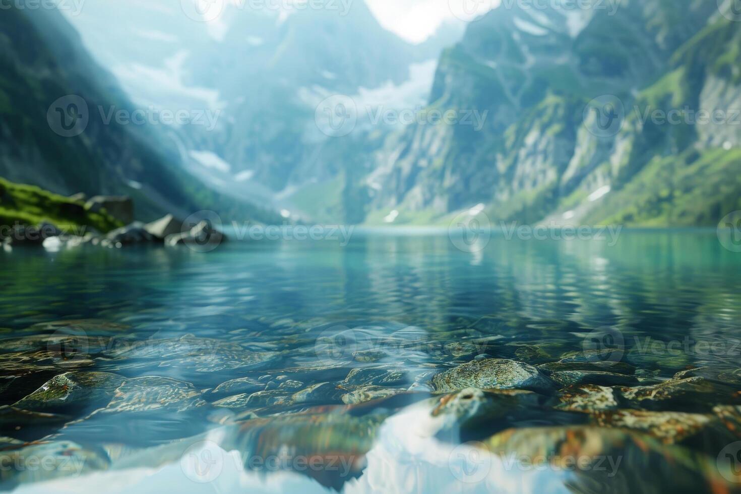 A calm lake mirrors the towering mountains and vibrant greenery, capturing the serenity of nature on a clear, sunny day, inviting peace and tranquility photo
