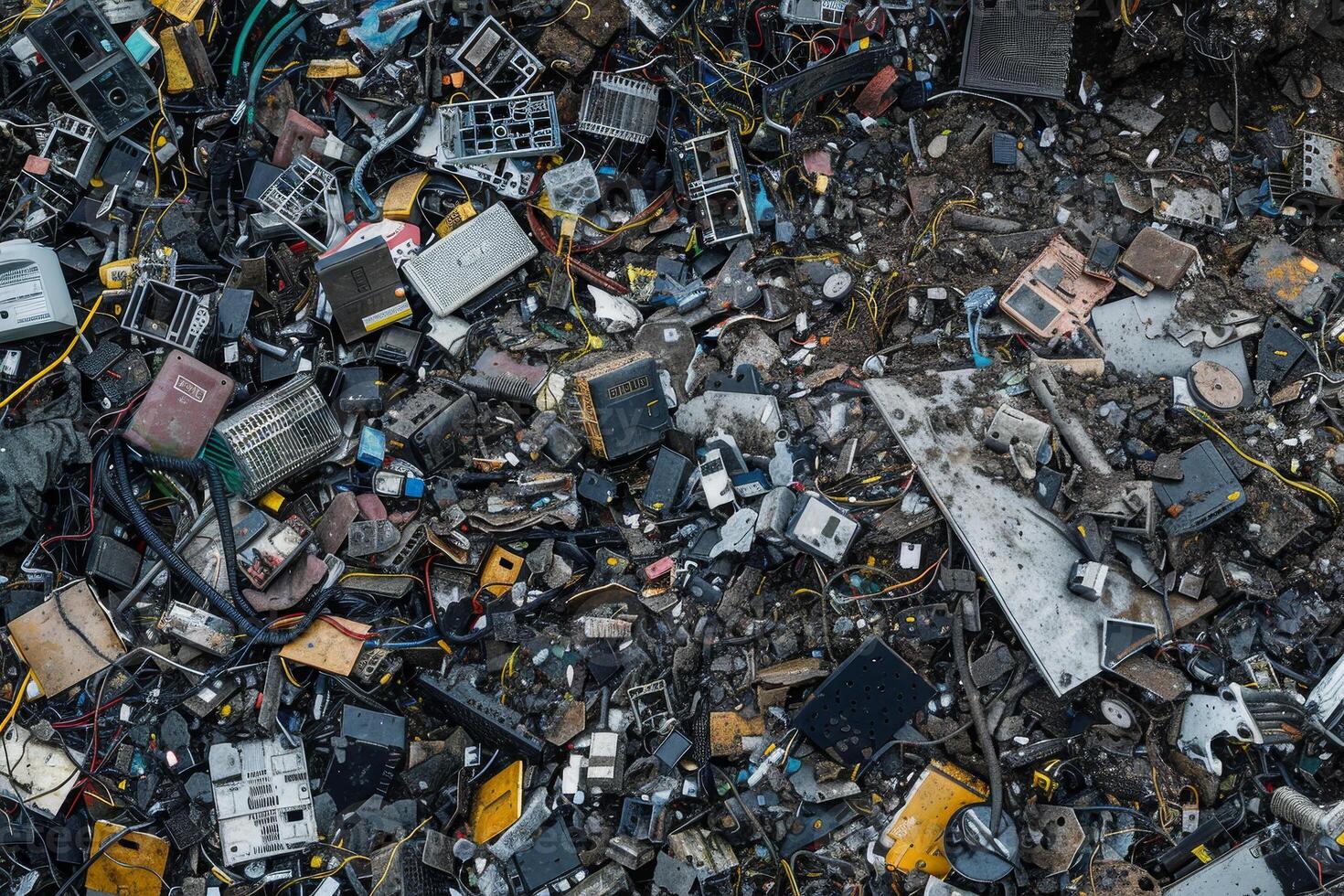 A vast collection of electronic waste is scattered across the ground, featuring broken devices and tangled cables in a recycling area under natural light photo