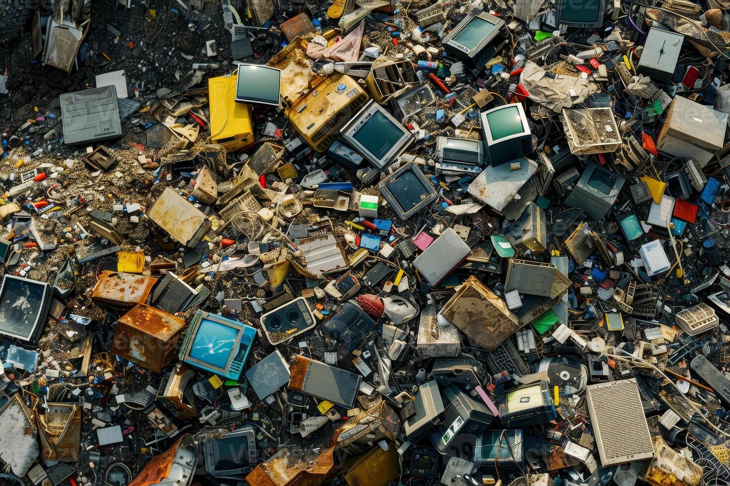 A dense collection of old electronics and appliances is found in a recycling facility, showcasing the growing problem of electronic waste and pollution photo
