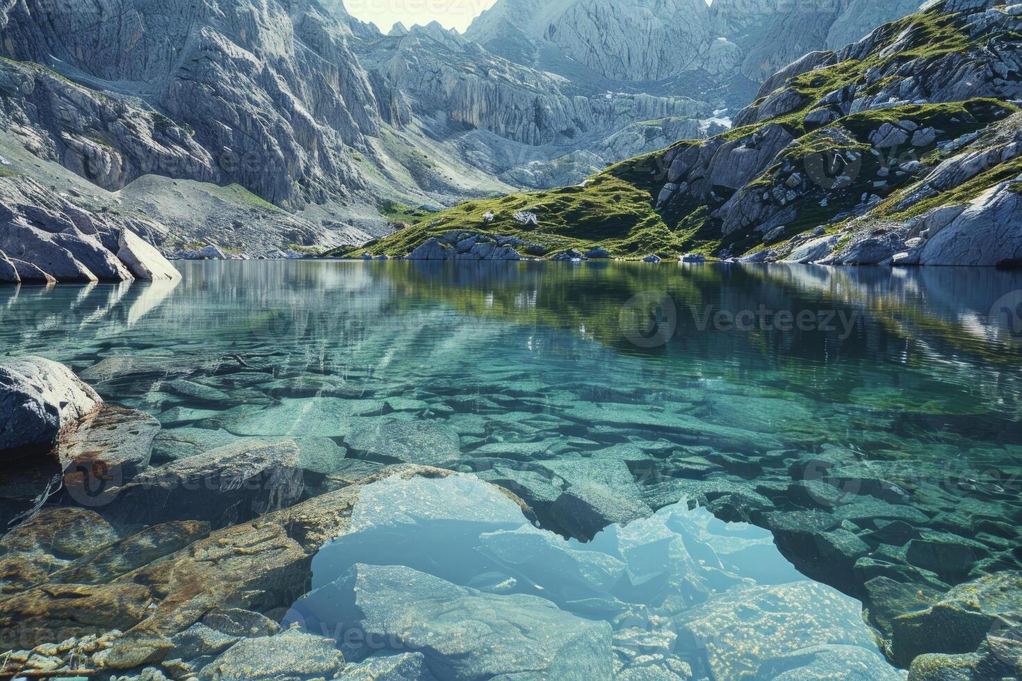 Bright summer sunlight illuminates a tranquil alpine lake, its clear waters reflecting towering mountain peaks and surrounded by rocky landscapes and greenery photo