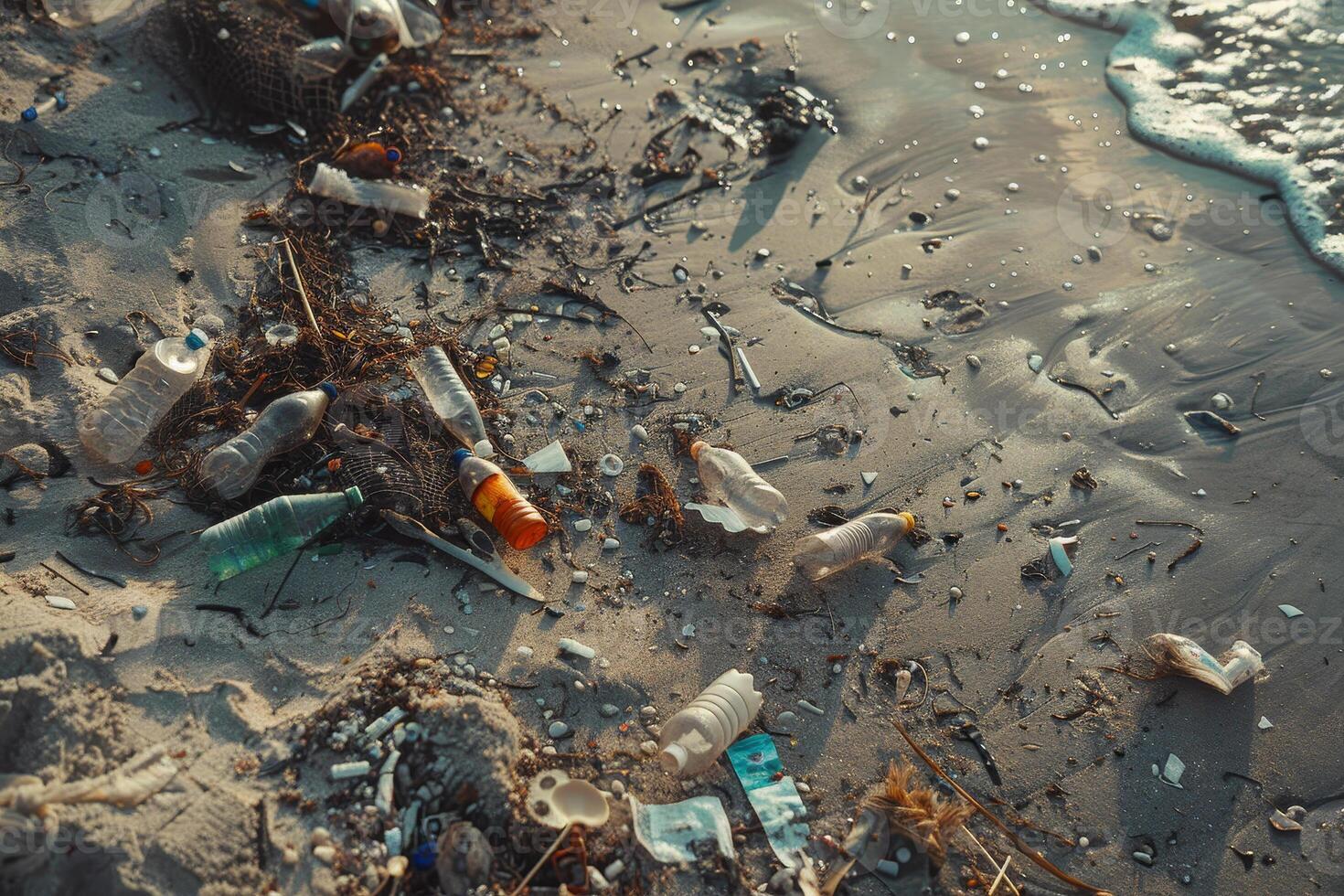 Trash and plastic bottles litter the sandy beach, a stark reminder of environmental issues affecting coastal ecosystems under sunlight photo
