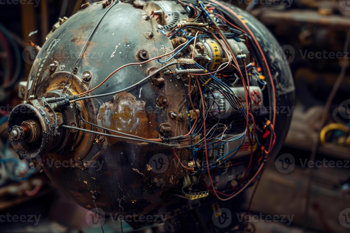 An intricate mechanical device covered in wires and metal parts is showcased in an industrial workshop, highlighting its vintage design and detailed craftsmanship photo