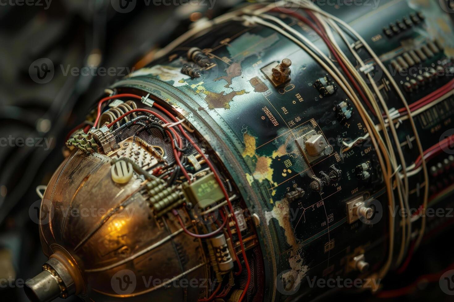A complex mechanical apparatus lies on a workbench, revealing colorful wires and rusty parts that highlight its vintage design and intricate engineering details photo