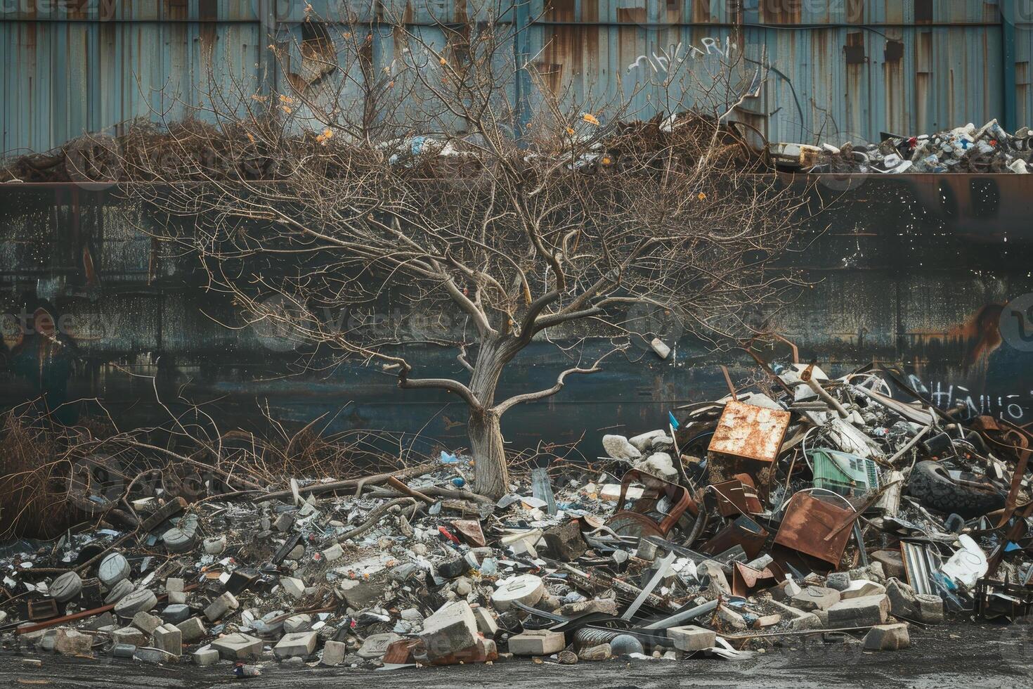In a desolate junkyard filled with discarded materials, a lone tree emerges from the rubble, symbolizing resilience in a neglected urban landscape photo