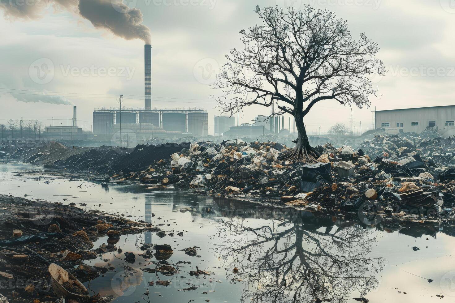 A tree is standing in a polluted area with smoke coming out of the chimney photo